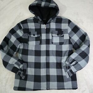 Lumberjack Men Large Blue Black Buffalo Plaid Sherpa Lined Hooded Jacket Shacket